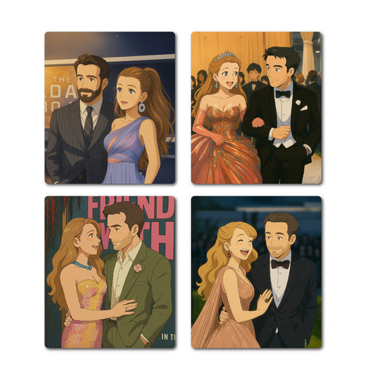 Personalised Couple Wooden Ghibli Anime Art Style Fridge Magnet Set of 4