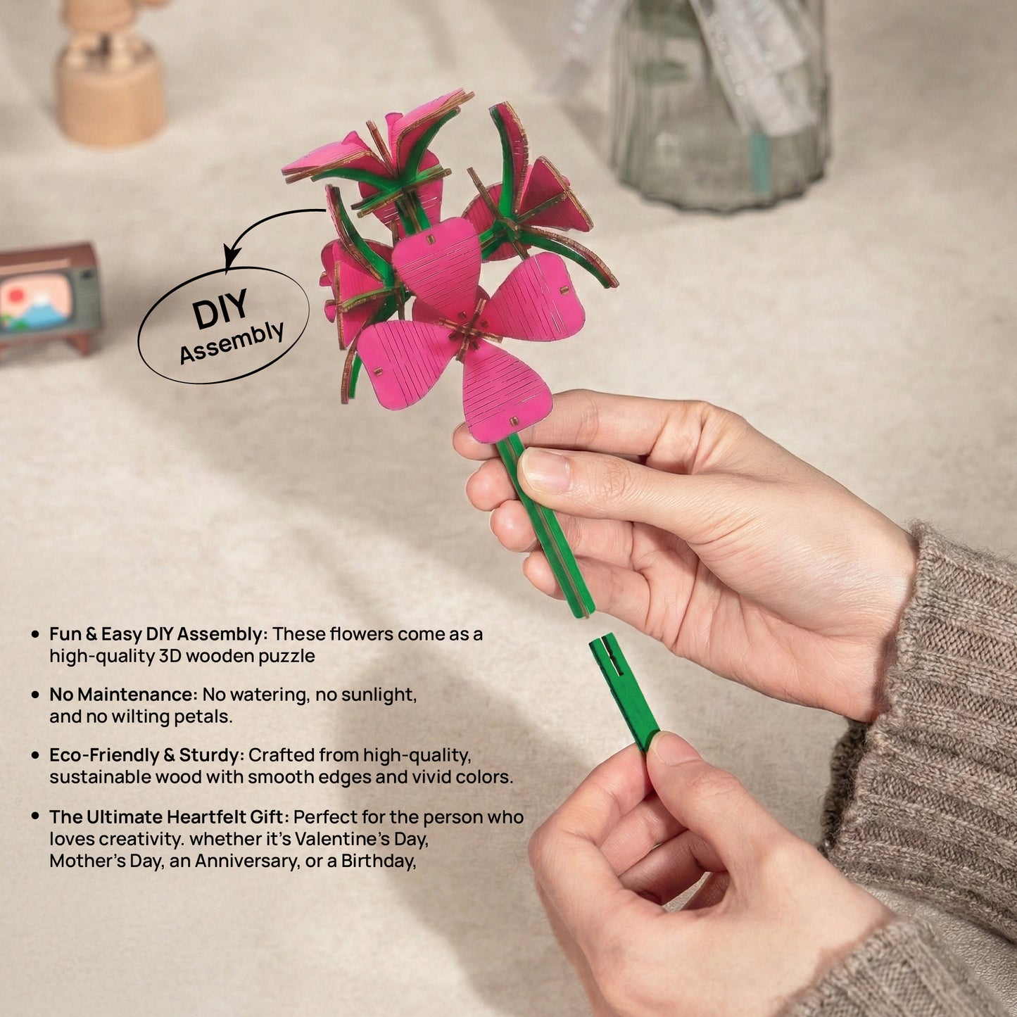 DIY Wooden Flower Bouquet | 3D Wooden Puzzle Craft Kit for Home Décor & Gifting