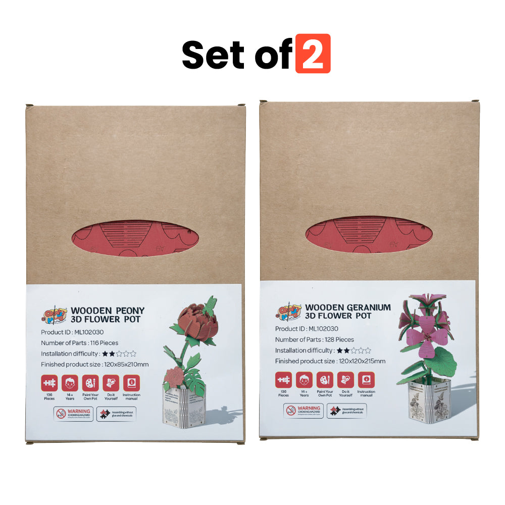 DIY Wooden Flower 3D Wooden Puzzle : Geranium & Peony (Pack of 2)