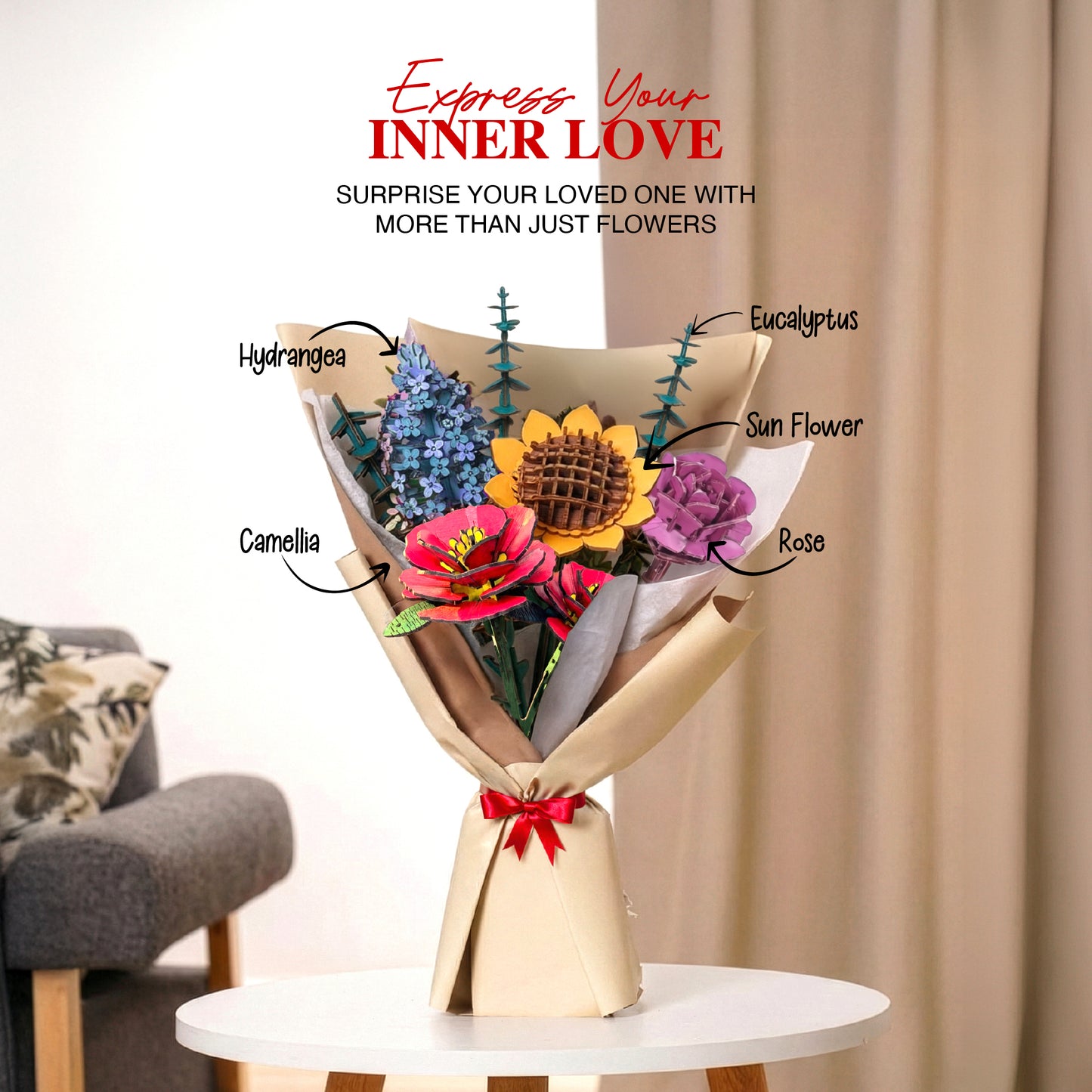 DIY Wooden Flower Bouquet | 3D Wooden Puzzle Craft Kit for Home Décor & Gifting | Gifts Joy