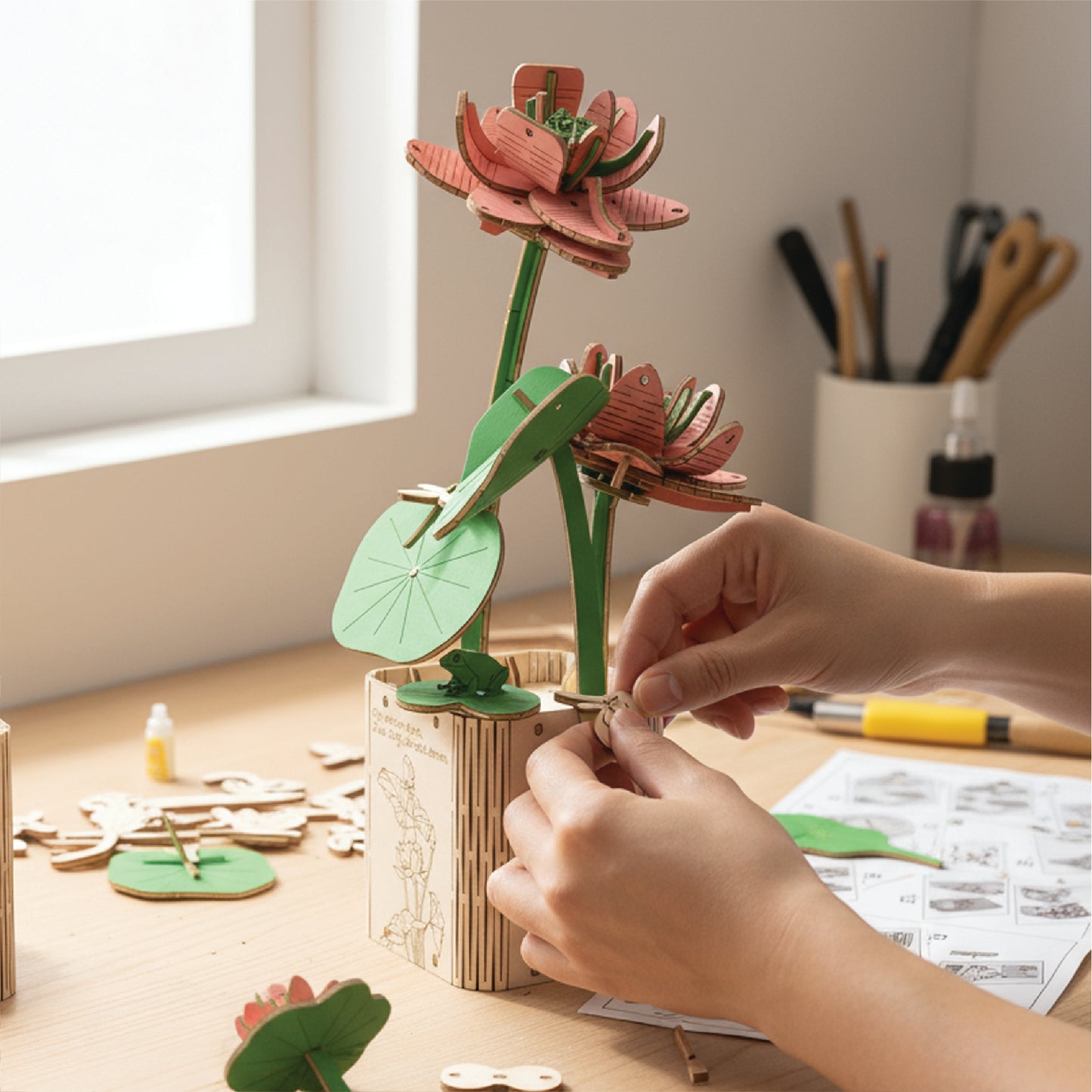 Peony & Lotus 3D Wooden DIY Flower Pot Kit – Set of 2