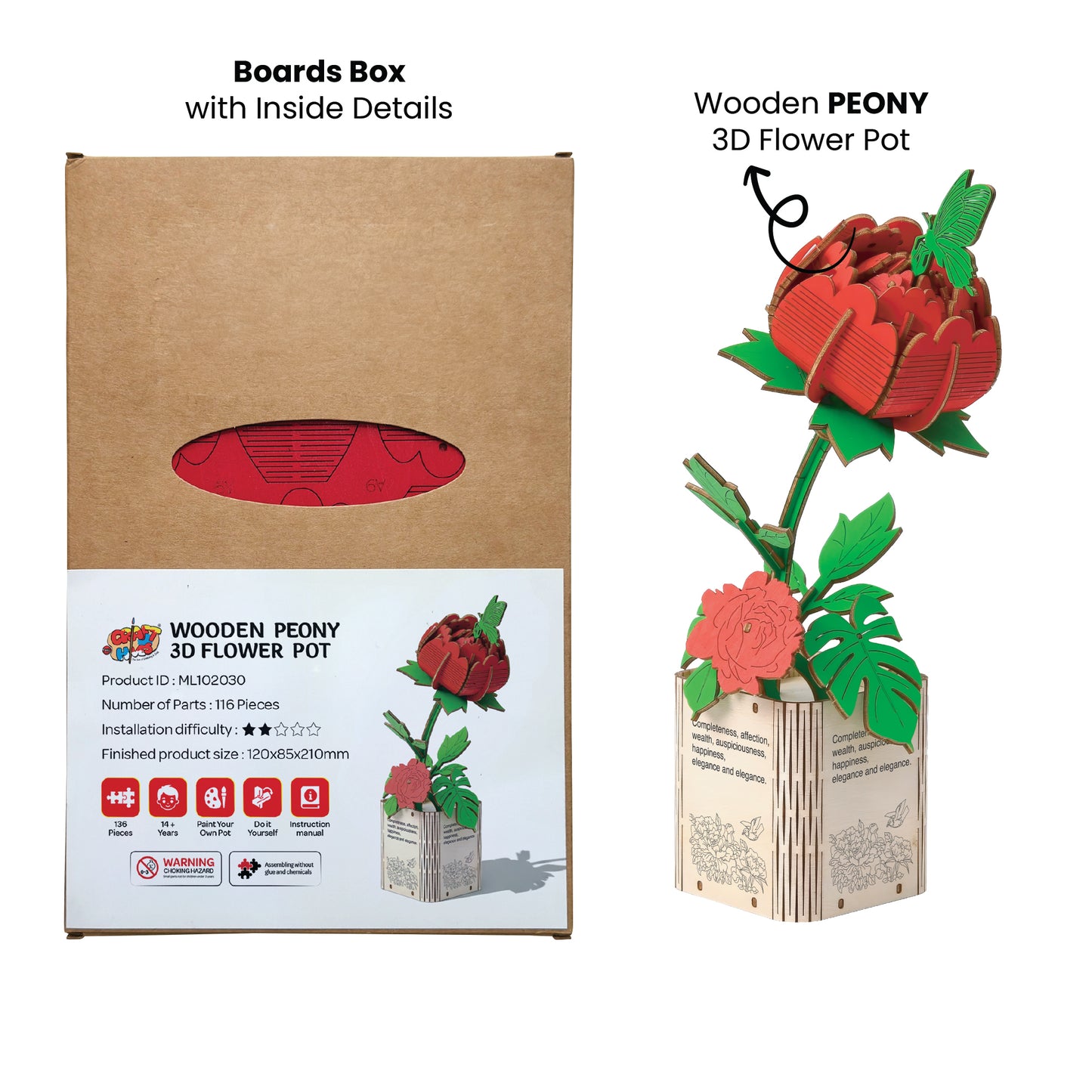 DIY Wooden Flower 3D Wooden Puzzle : Geranium & Peony (Pack of 2)